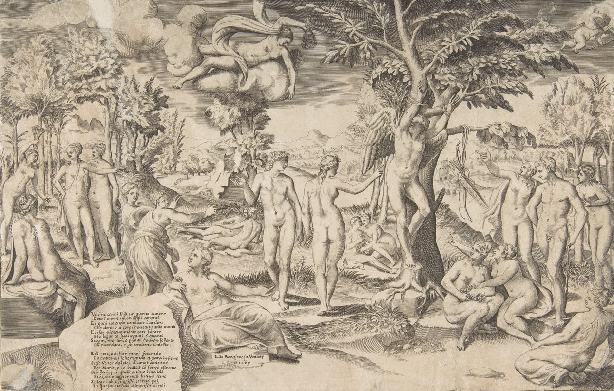 Amor i Elysian Fields bundet til et træ i midten, omringede mine mange figurer, 1563. af Giulio Bonasone