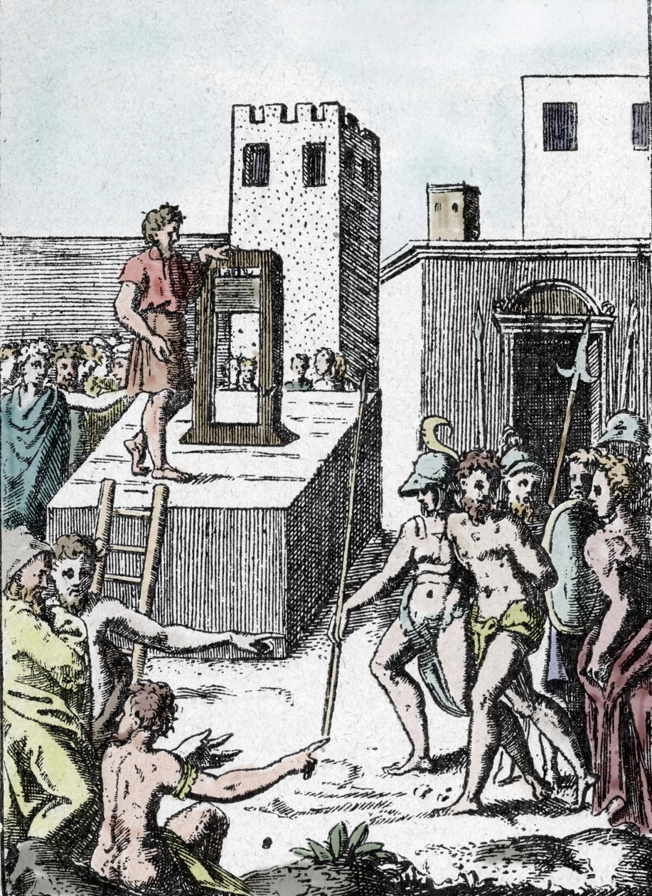 Dødsstraf: fuldbyrdelse af en dødsdom med forfaderen til guillotinen (maskine en dekollation) i Italien kaldet Mannaia og designet af Achille Bocchi, i 1555”” Gravering af Giulio Buonasone (Bonasone) (1498-1574) (Repræsentation af Manna af Giulio Bonasone