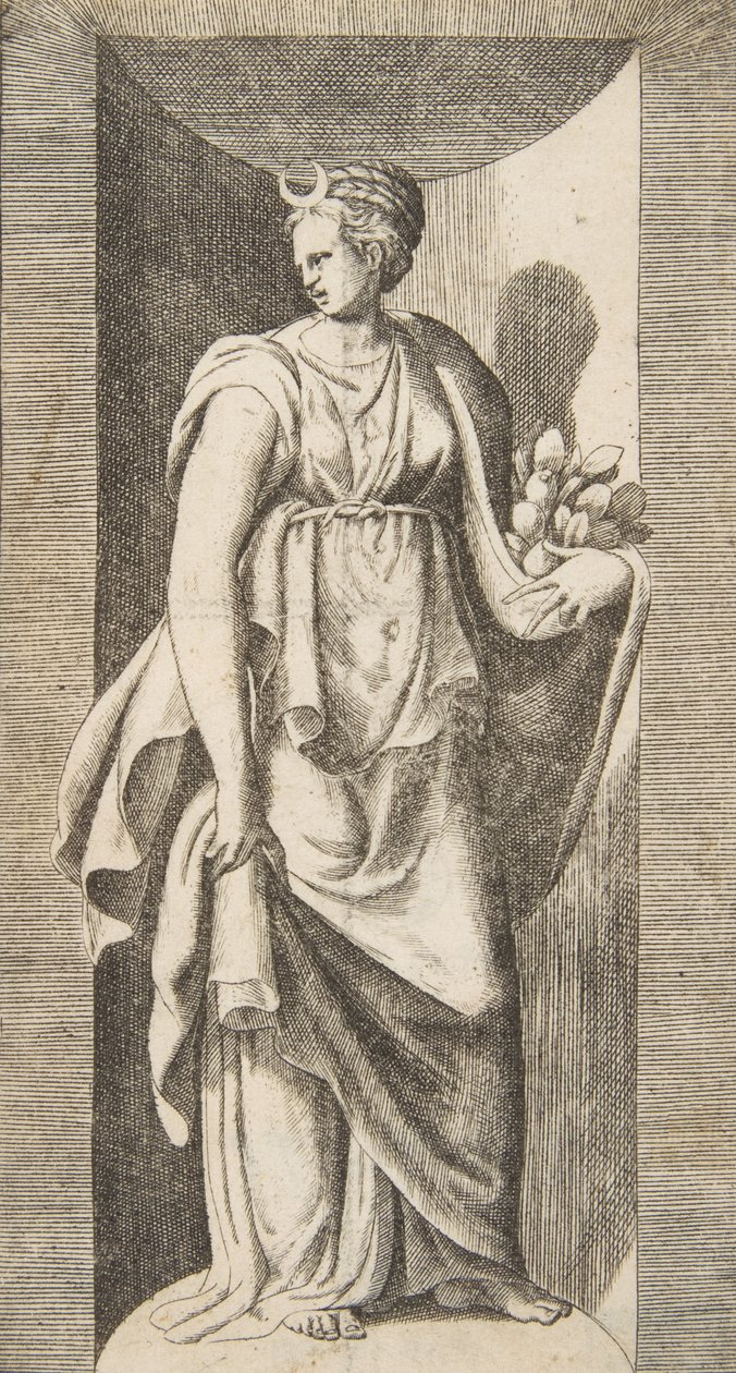 Diana holder frugt i venstre hånd stående i en niche, ca. 1531-76. af Giulio Bonasone
