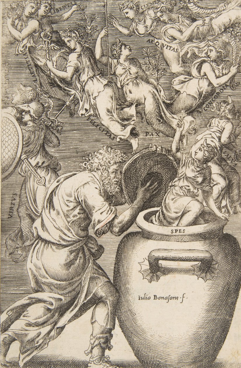 Epimetheus åbner Pandoras æske, 1531-76. af Giulio Bonasone