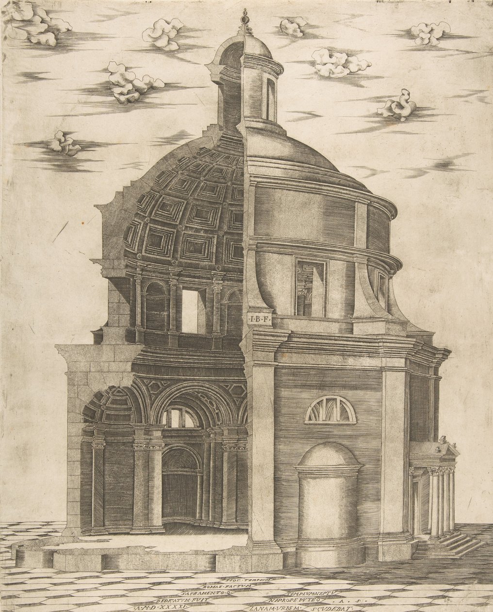 Udvendig og indvendig del af et tempel i Rom dedikeret til Neptun, 1541. af Giulio Bonasone