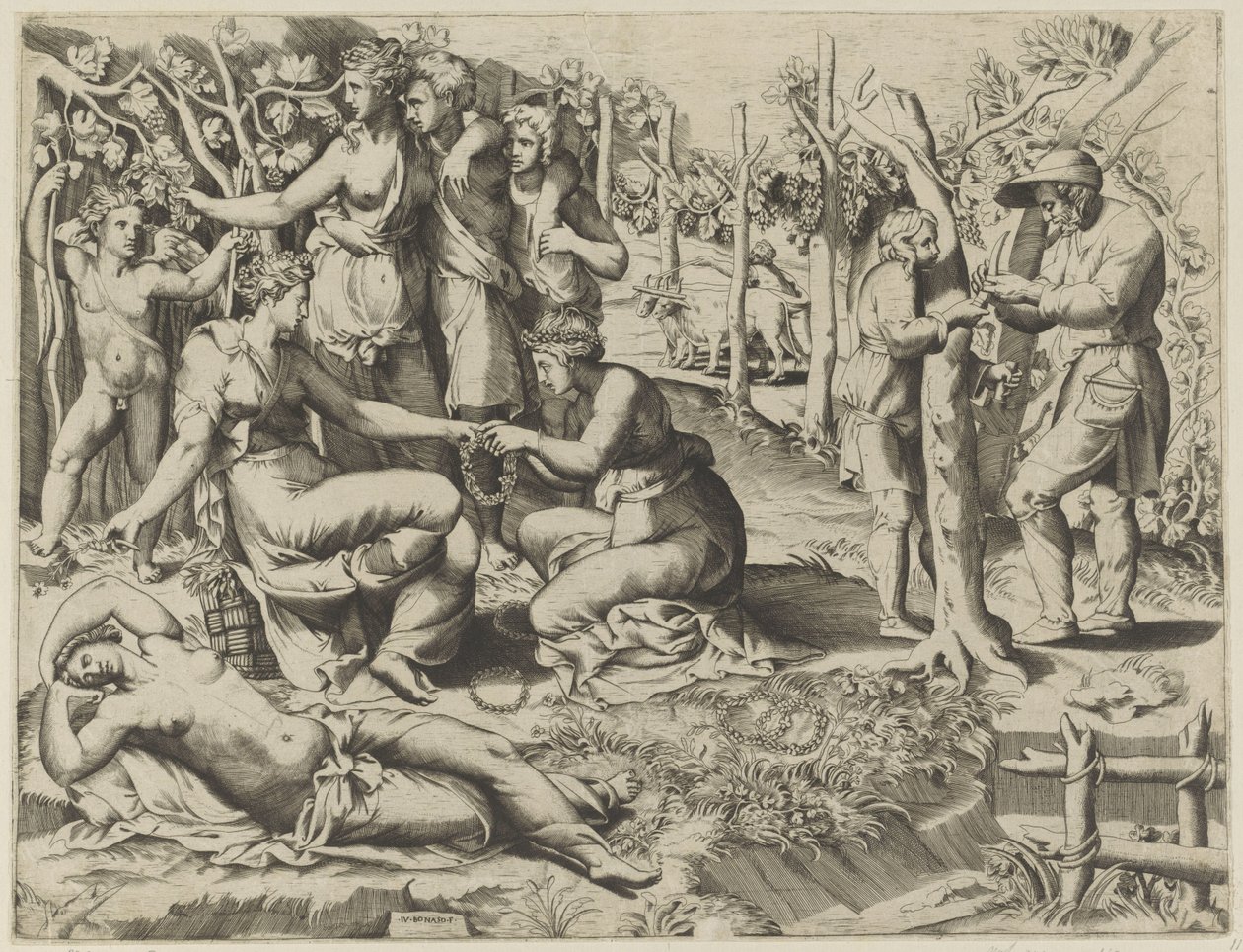 Flora giver en krans af Giulio Bonasone