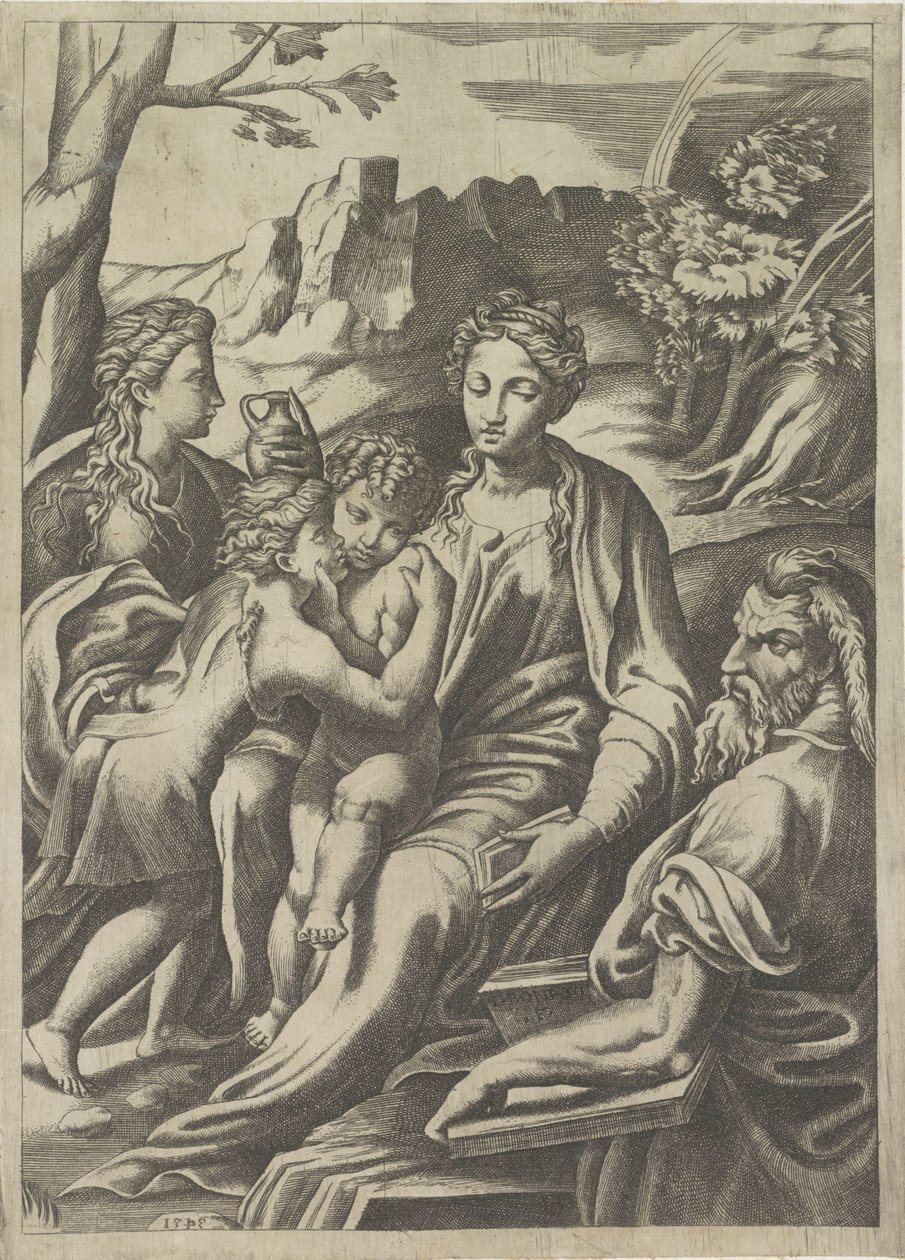 Hellig Familie med den unge Johannes Døberen og Maria Magdalene af Giulio Bonasone
