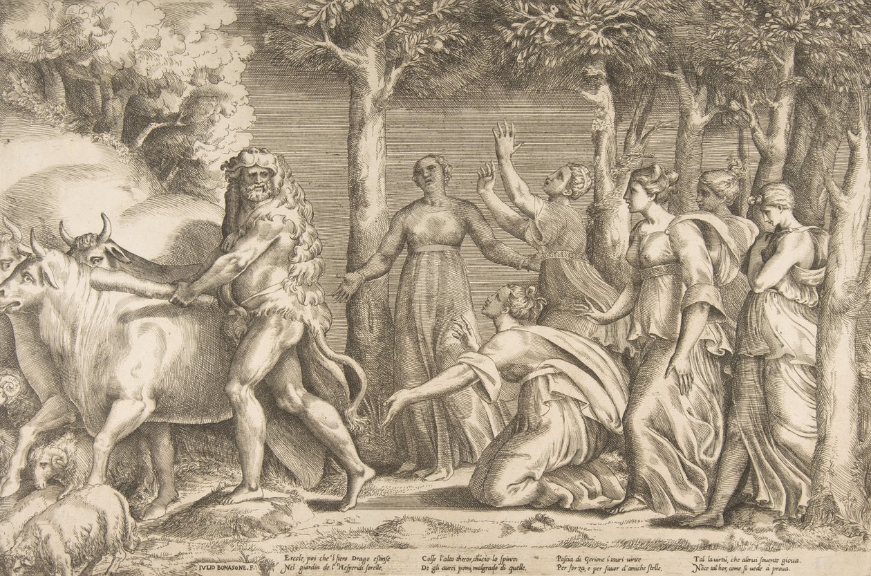Herkules, der driver kvæget af Geryon, til højre er nymferne fra Hesperides, ..., 1531-76. af Giulio Bonasone