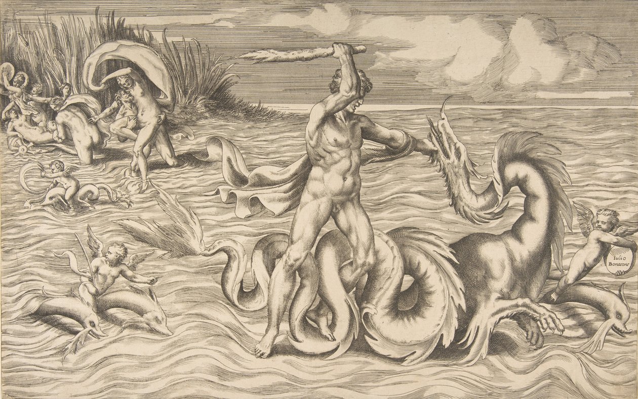 Hercules kæmper mod en drage i midten, Achelous bærer Deianeira af øverst til venstre, 1531-76. af Giulio Bonasone