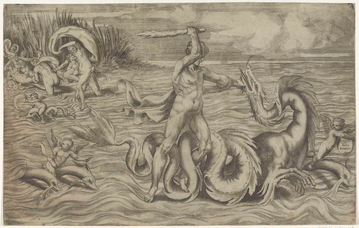 Hercules kæmper med Achelous af Giulio Bonasone