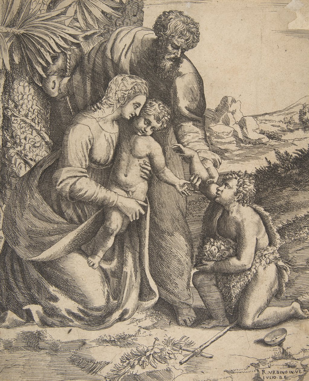 Hellig familie med Johannes Døberen, der knæler til højre, 1531-76. af Giulio Bonasone