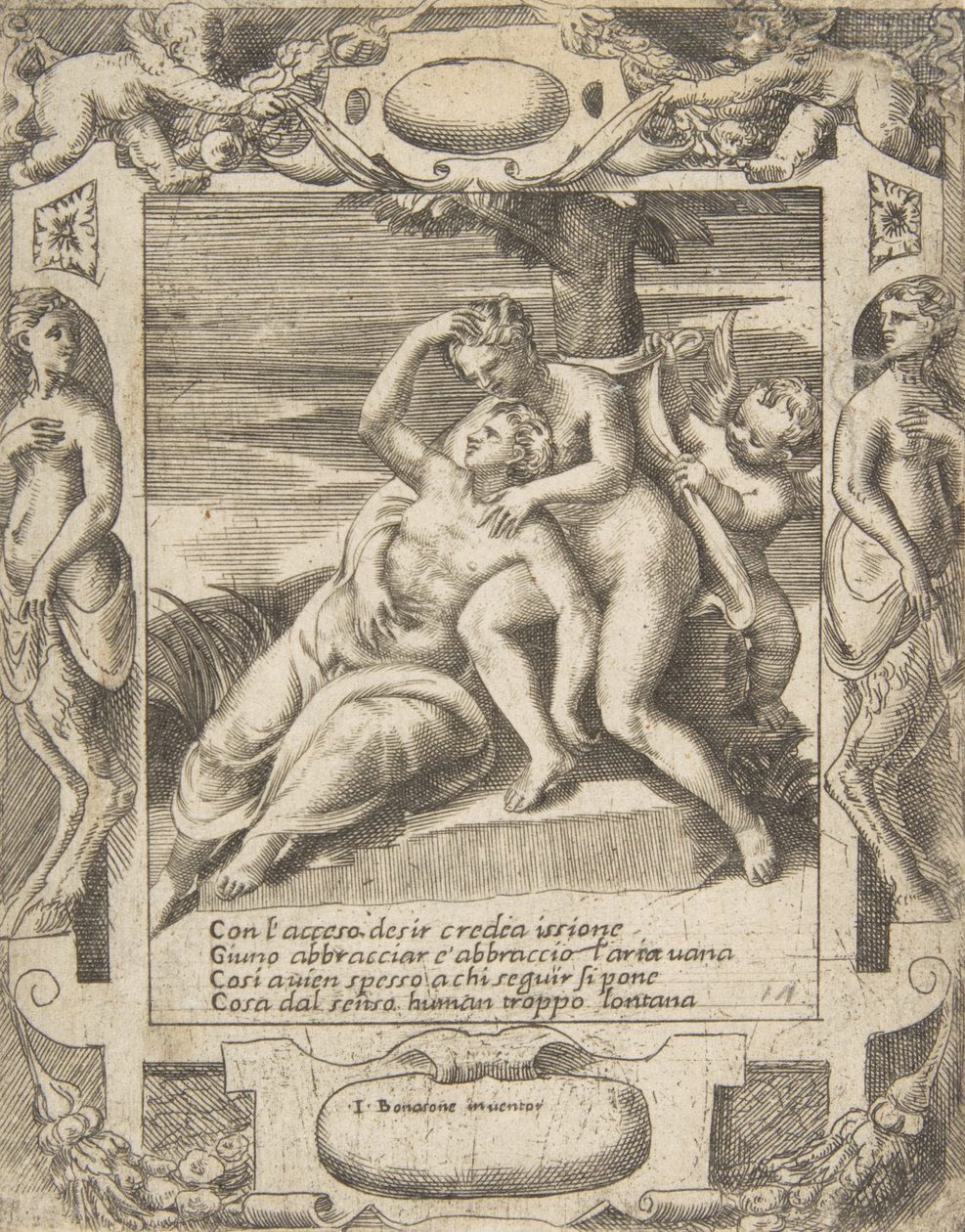 Ixion omfavner en sky, og tror, det er Juno, Amor til højre, sat i en elabora..., 1531-76. af Giulio Bonasone