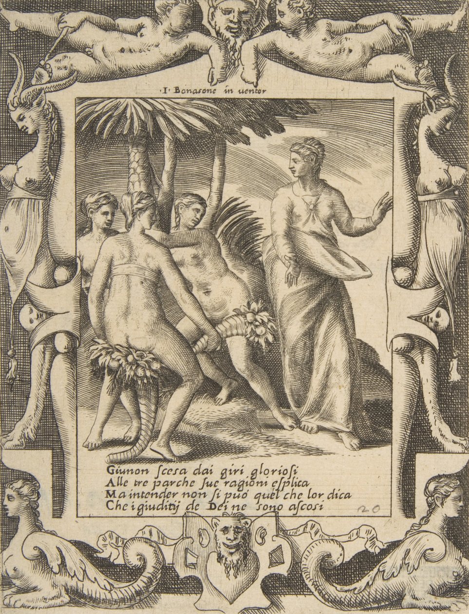 Juno til højre vender sig og taler til skæbnerne, sat inden for en udførlig ramme, fra..., 1531-76. af Giulio Bonasone