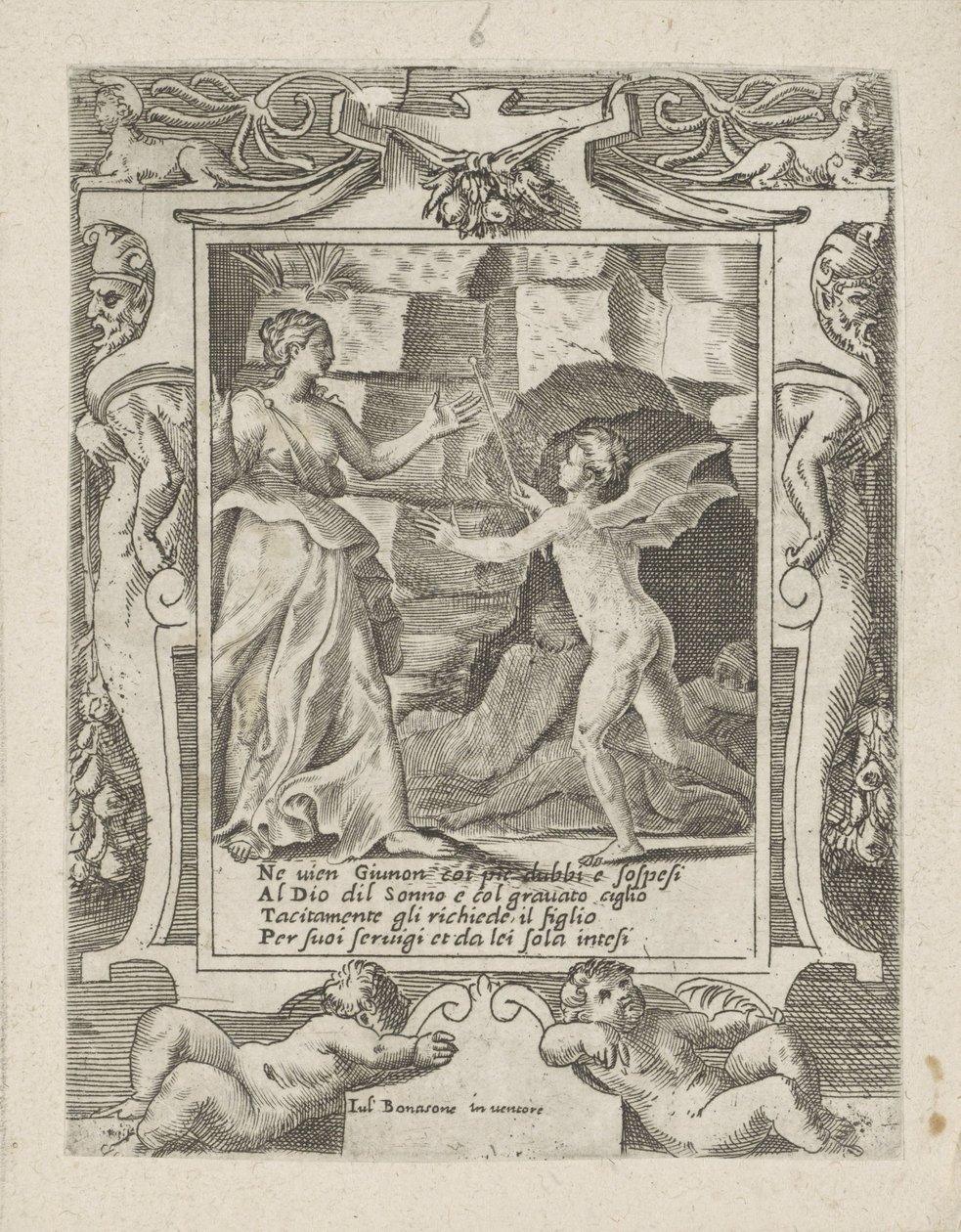 Juno beordrer Sleep til at sænke sig ned på Jupiter Love, Anger and Jalousy of Juno (serietitel) Amori sdegni et gielosie di Giunone (serietitel) af Giulio Bonasone