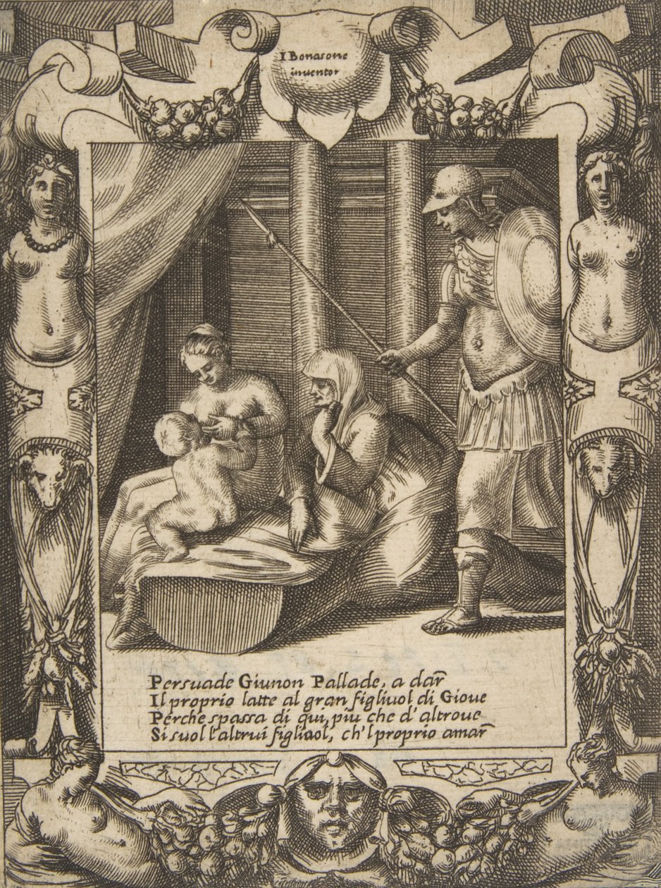 Juno overtaler Athena til at pleje den unge Hercules, sat inden for en udførlig ramme, fra..., 1531-76. af Giulio Bonasone