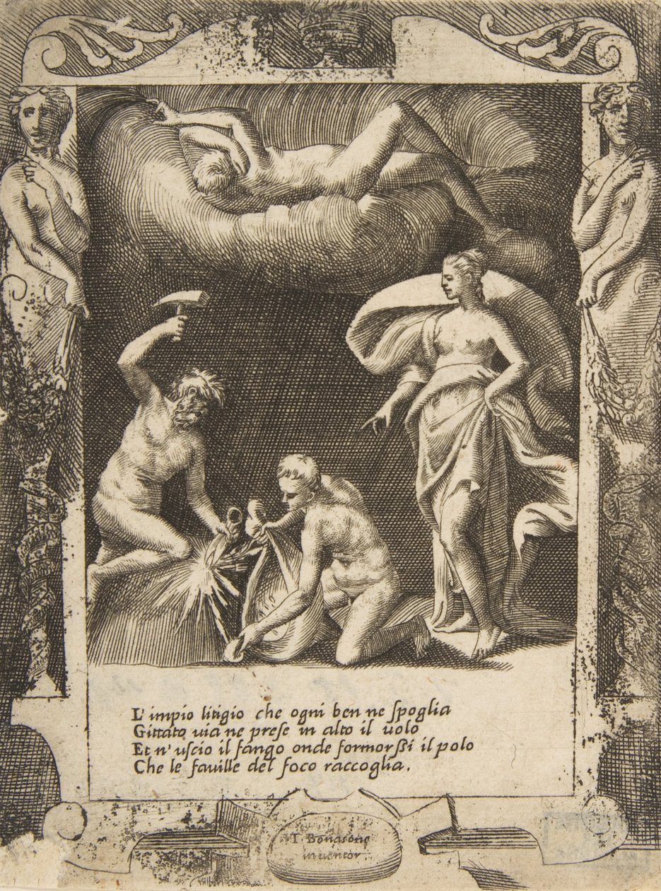 Litigium fjernet fra kroppen af Chaos, mens hans mor kastes i luften, sat med..., 1531-76. af Giulio Bonasone