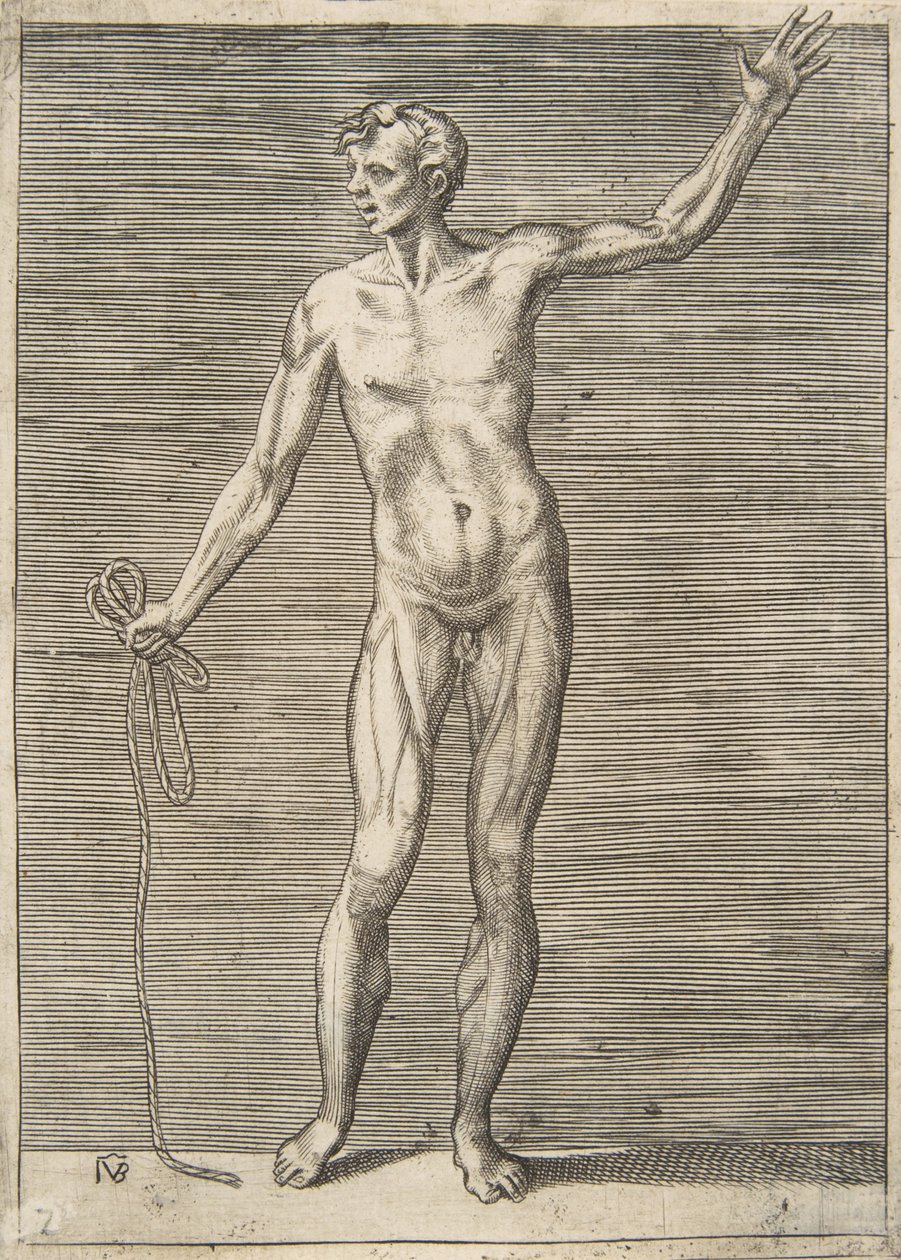 Mand set forfra, med et reb i højre hånd, 1500-tallet. af Giulio Bonasone