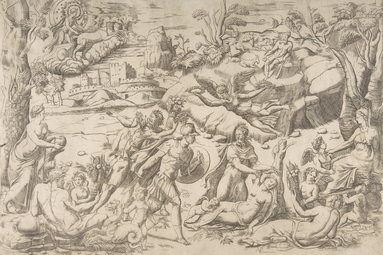 Mars og Rhea Silvia: i midten holder Mars et skjold og sværd, Rhea Silvia sover..., ca 1531-76. af Giulio Bonasone
