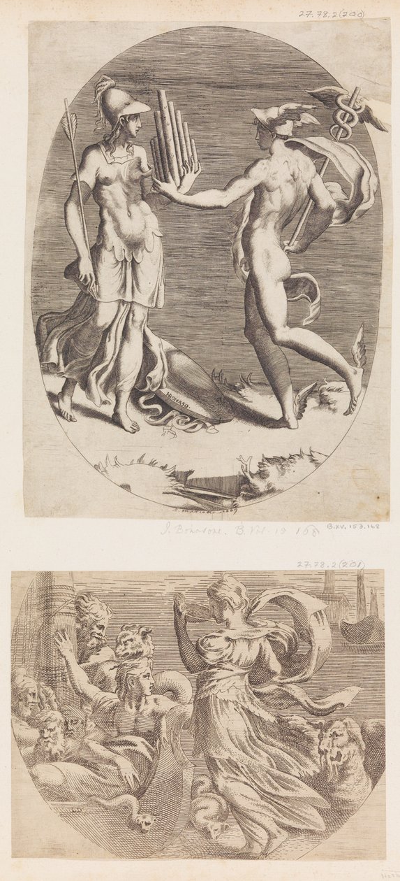 Mercury præsenterer et panrør for Minerva. af Giulio Bonasone