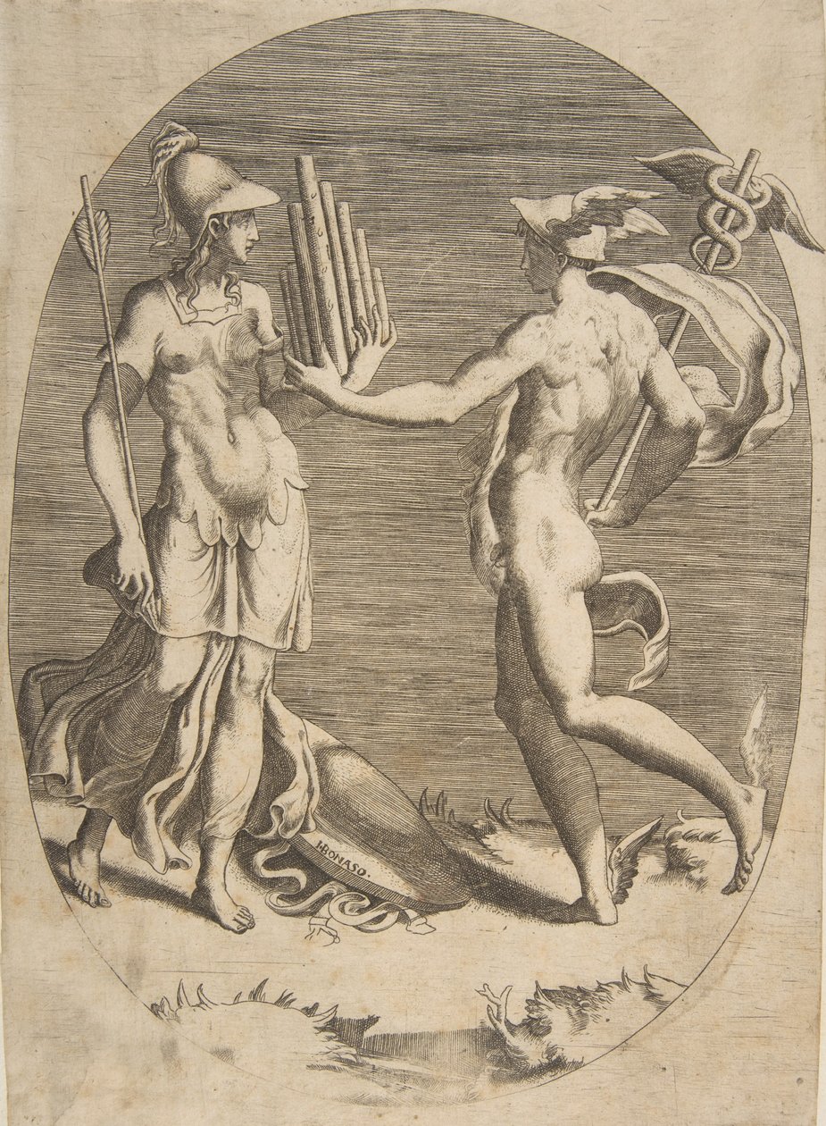 Mercury præsenterer en panrøre til Minerva, der står til venstre, en oval komposition, 1531-76. af Giulio Bonasone