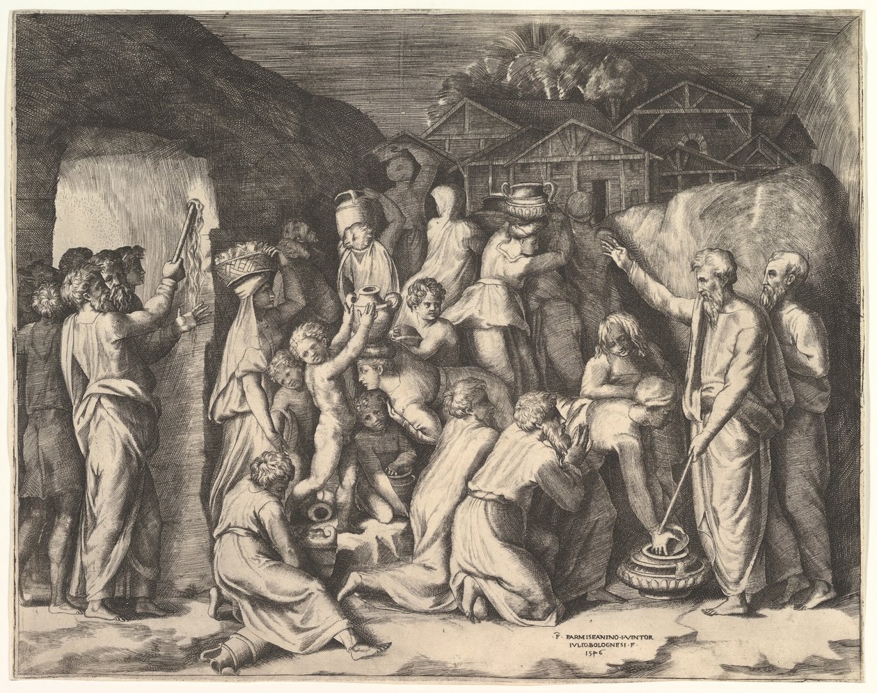 Moses fortæller israelitterne om at samle Manna og Moses slår klippen. af Giulio Bonasone