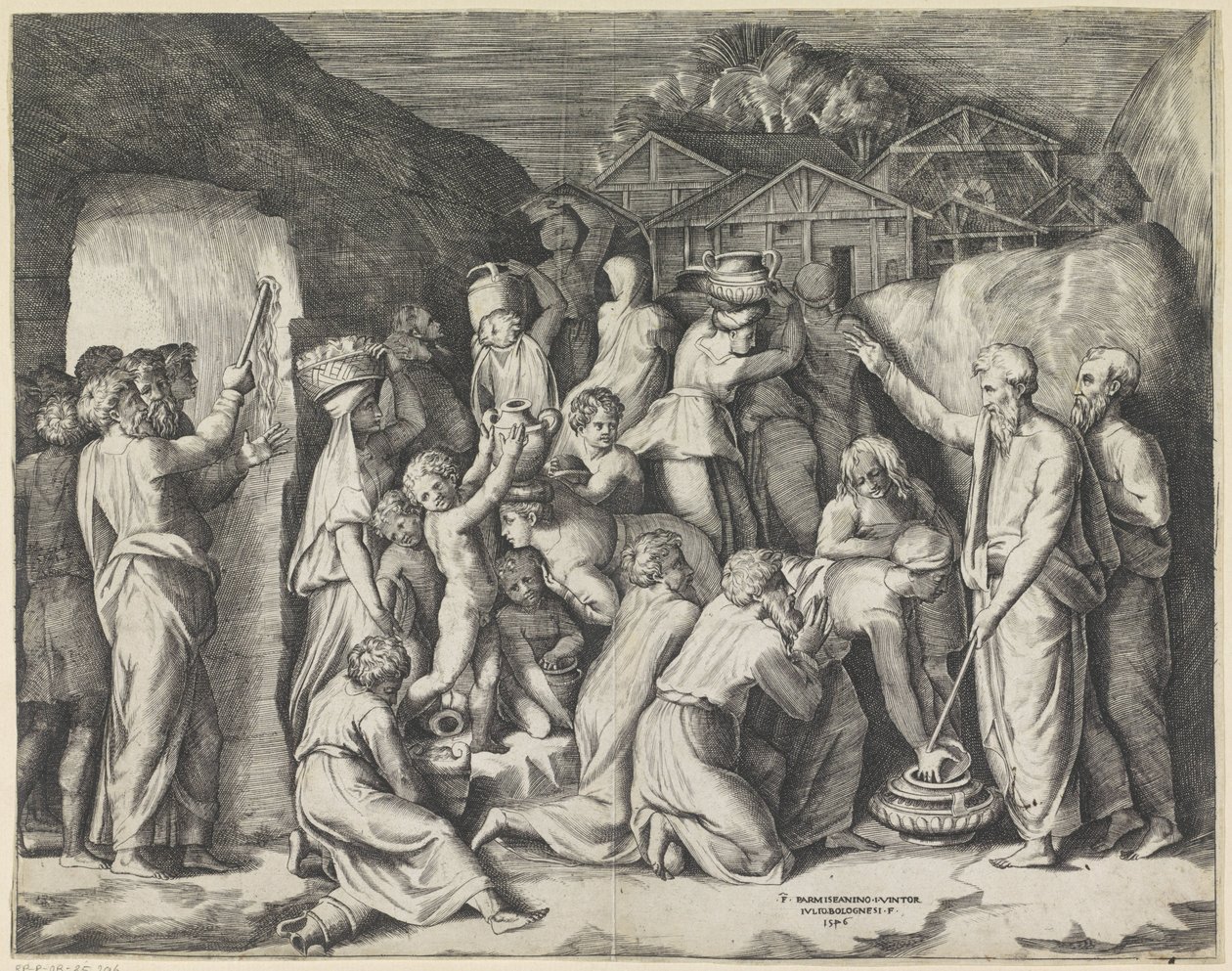 Moses befaler israelitterne at samle manna, og Moses slår vand ud af klippen af Giulio Bonasone