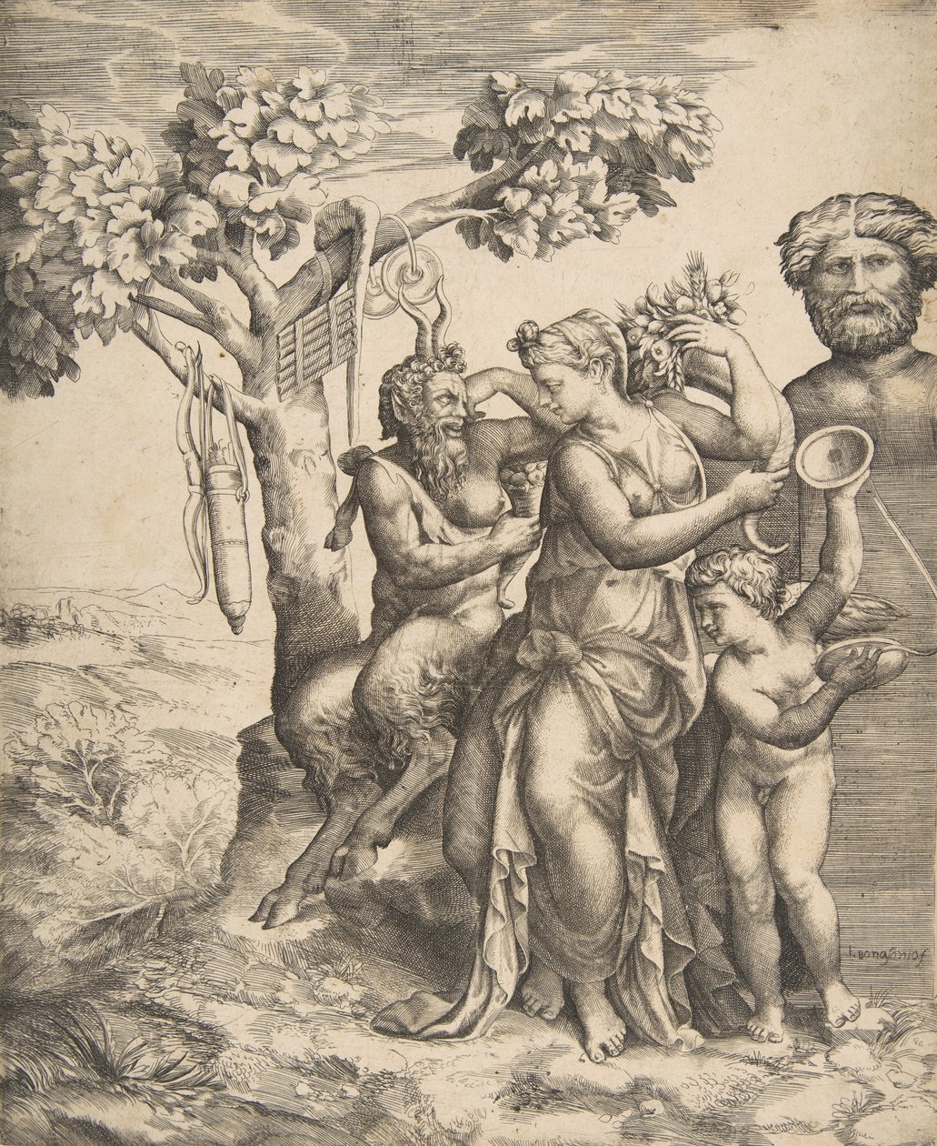 Pan til venstre ved siden af en stående nymfe, til højre Amor med bækkener, 1531-76. af Giulio Bonasone