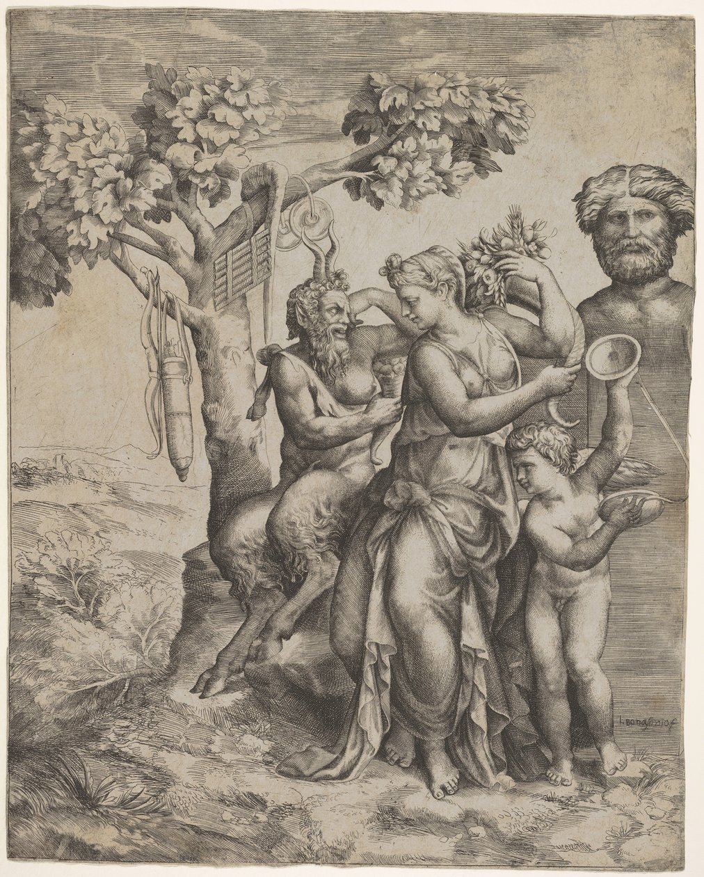 Pan siddende nær en kvindeskikkelse, der holder et overflødighedshorn, en nymfe eller Pomona, til højre ..., ca. 1550-60. af Giulio Bonasone