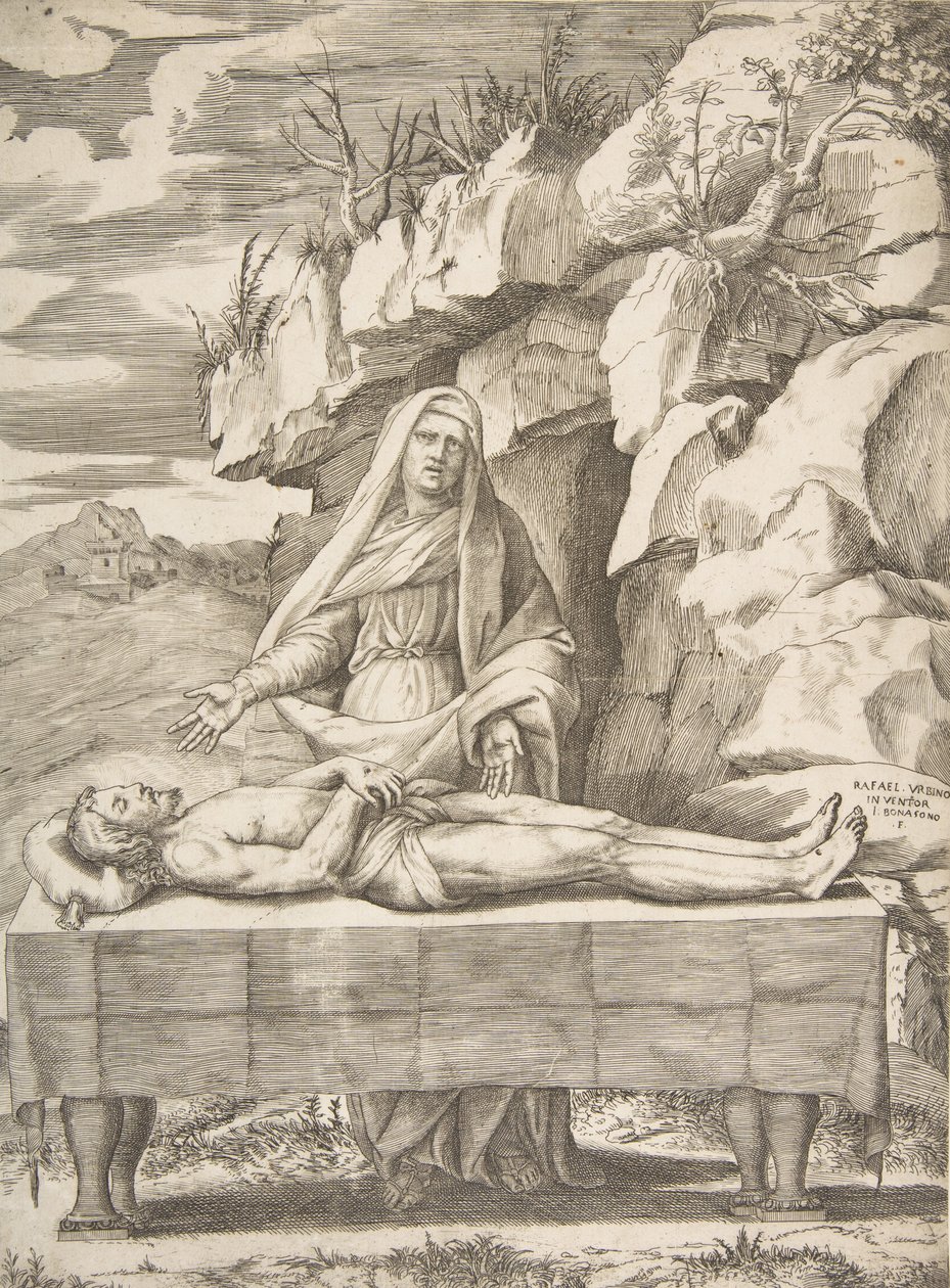 Pieta, Kristus strakt ud på et bord i et landskab, Jomfruen stående bag våben ..., 1531-76. af Giulio Bonasone