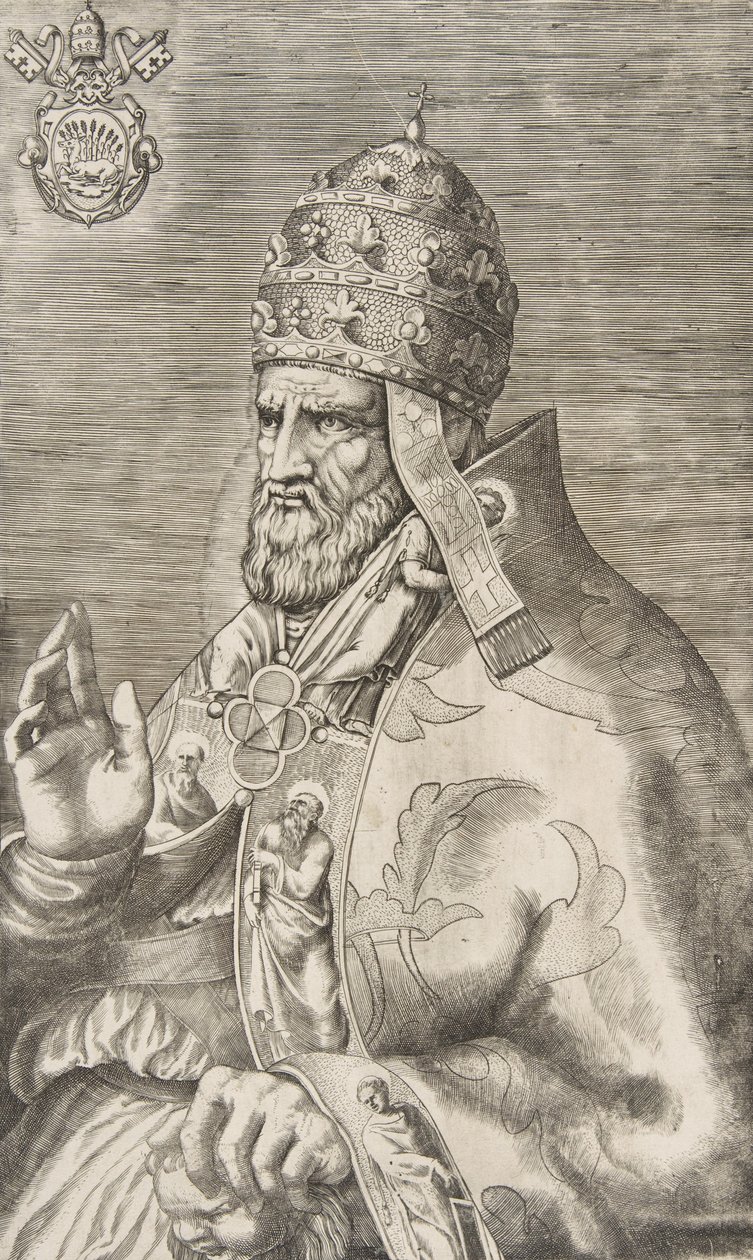 Portræt af pave Marcellus II, højre hånd løftet mod venstre, ca. 1555. af Giulio Bonasone