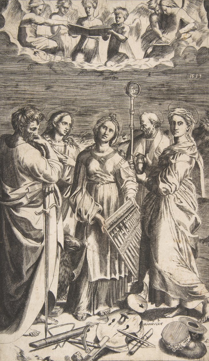 Sankt Cecilia stående i midten ledsaget af Sankt Paul, Magdalene, Sankt Johannes ..., 1531. af Giulio Bonasone