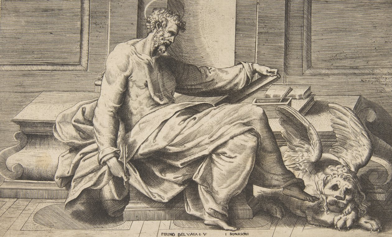 Sankt Markus skriver sit evangelium, en bevinget løve til højre, 1531-76. af Giulio Bonasone