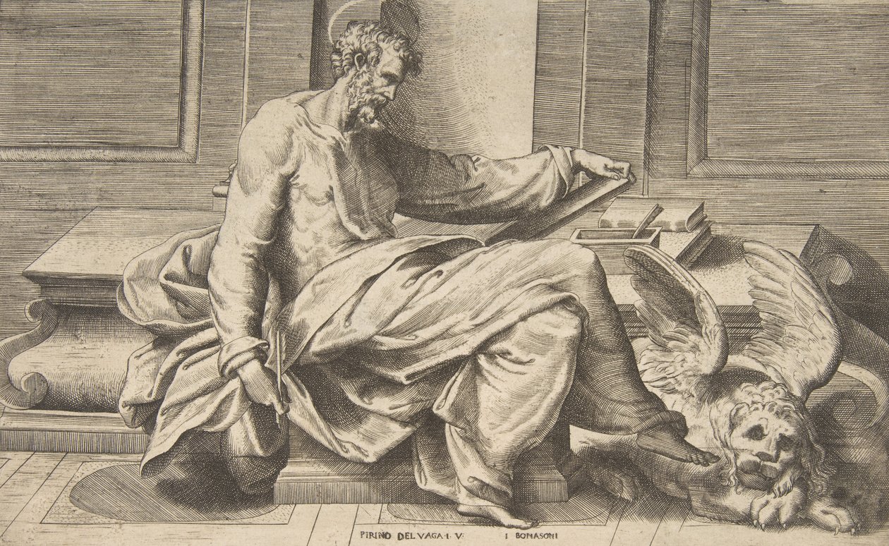 Sankt Markus skriver sit evangelium, bevinget løve til højre, 1531-76. af Giulio Bonasone