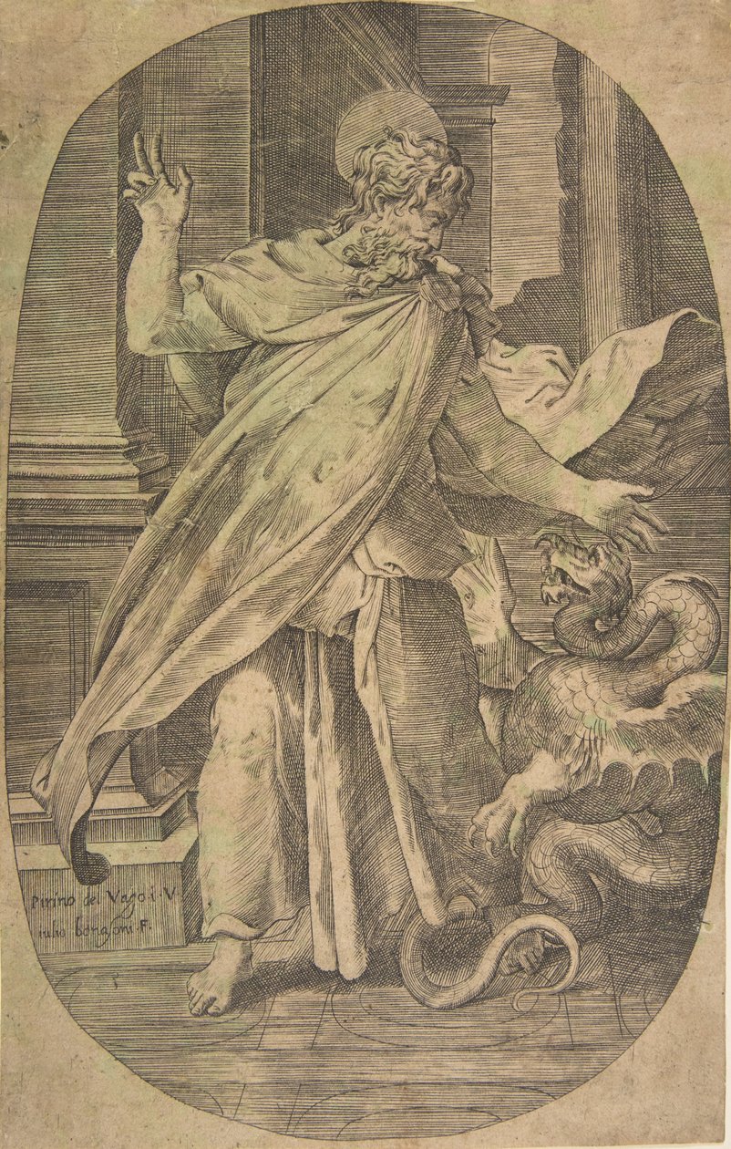 St. Paul overvinder hugormen, i arkitektoniske omgivelser, en oval komposition, ca. 1540-70. af Giulio Bonasone