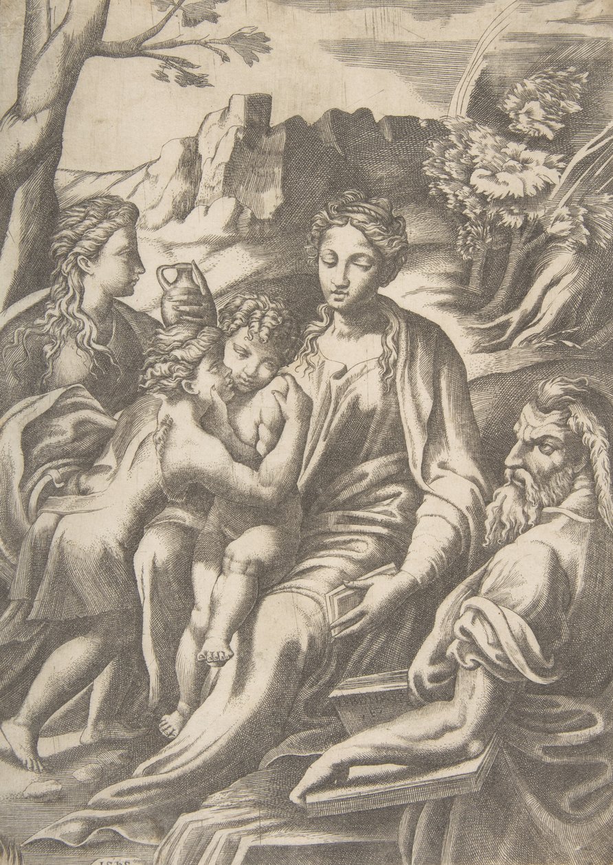 Den hellige familie med Maria Magdalena og Johannes Døberen, der omfavner Kristus, 1543. af Giulio Bonasone