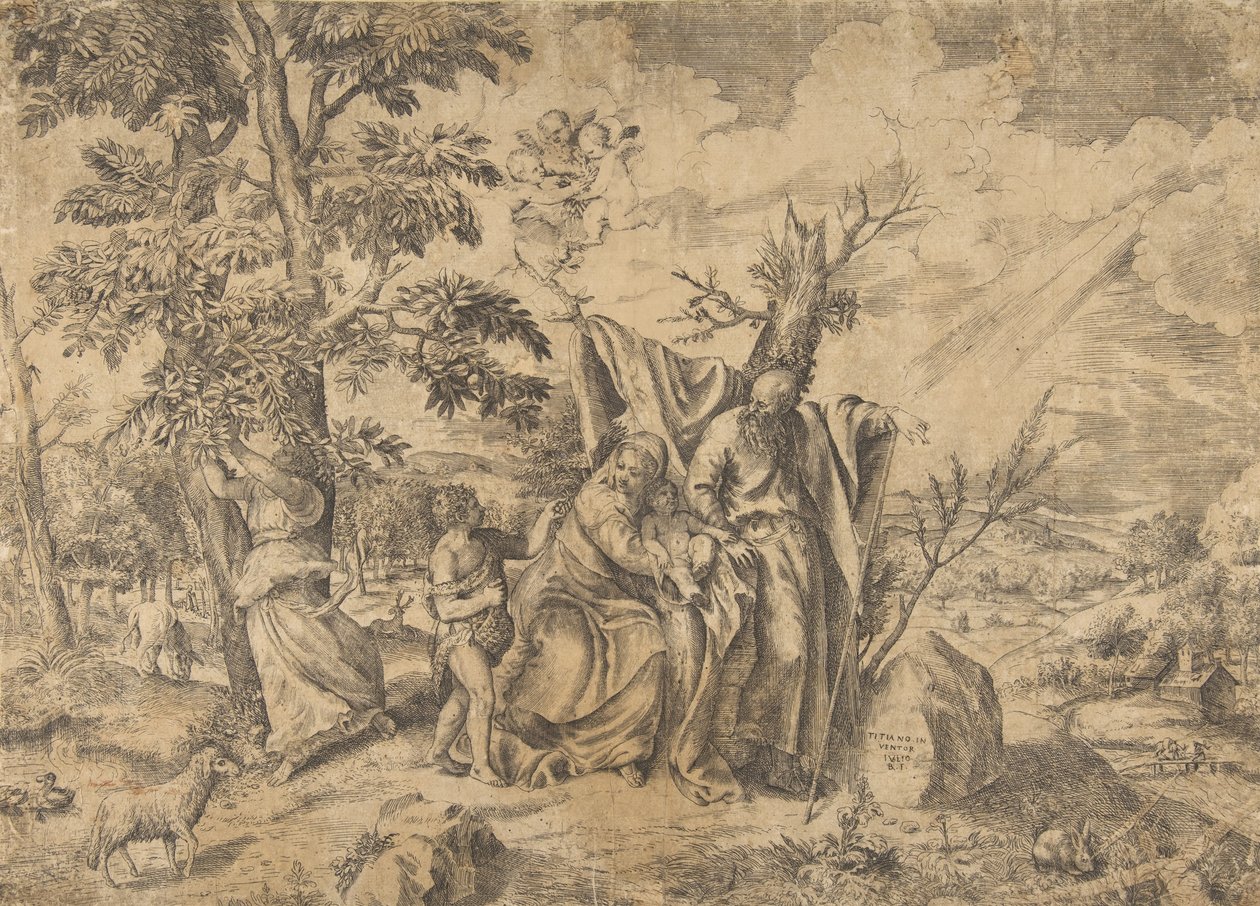 Hvilen på flugten til Egypten, Josef til højre, Jomfruen holder Kristusbarnet i..., 1531-76. af Giulio Bonasone