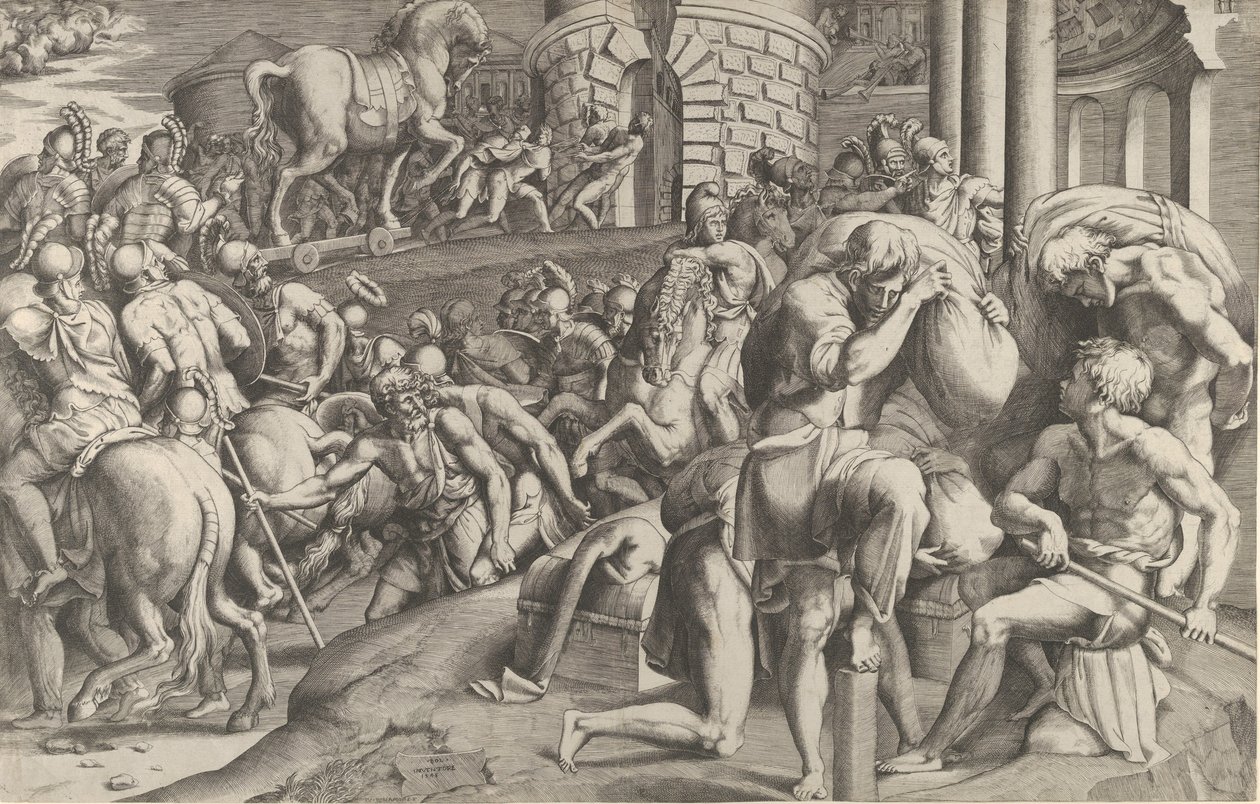 Trojanerne trækker træhesten ind i Troja, 1545. af Giulio Bonasone