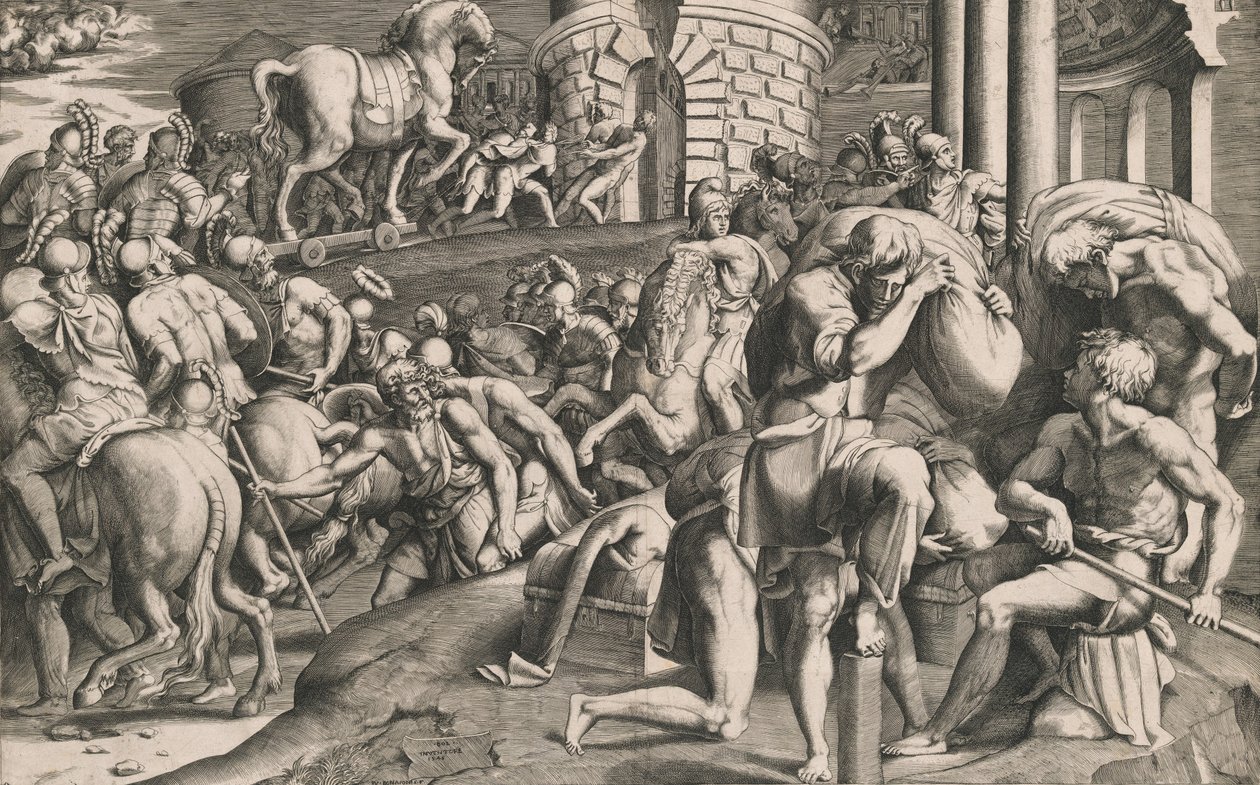 Trojanerne trækker træhesten ind i byen, 1545. af Giulio Bonasone