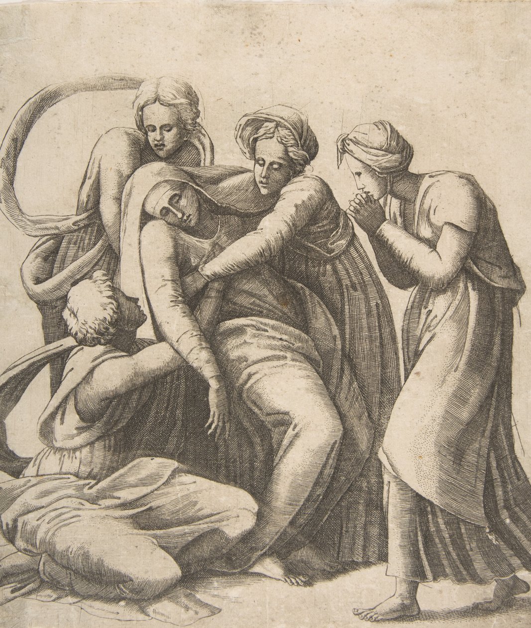 Jomfruen besvimer og bliver støttet i de hellige kvinders arme, 1531-76. af Giulio Bonasone