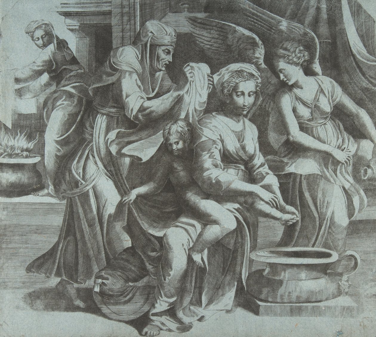 Jomfruen vasker Kristusbarnet ledsaget af figurer og en engel til højre, ..., ca. 1550-60. af Giulio Bonasone