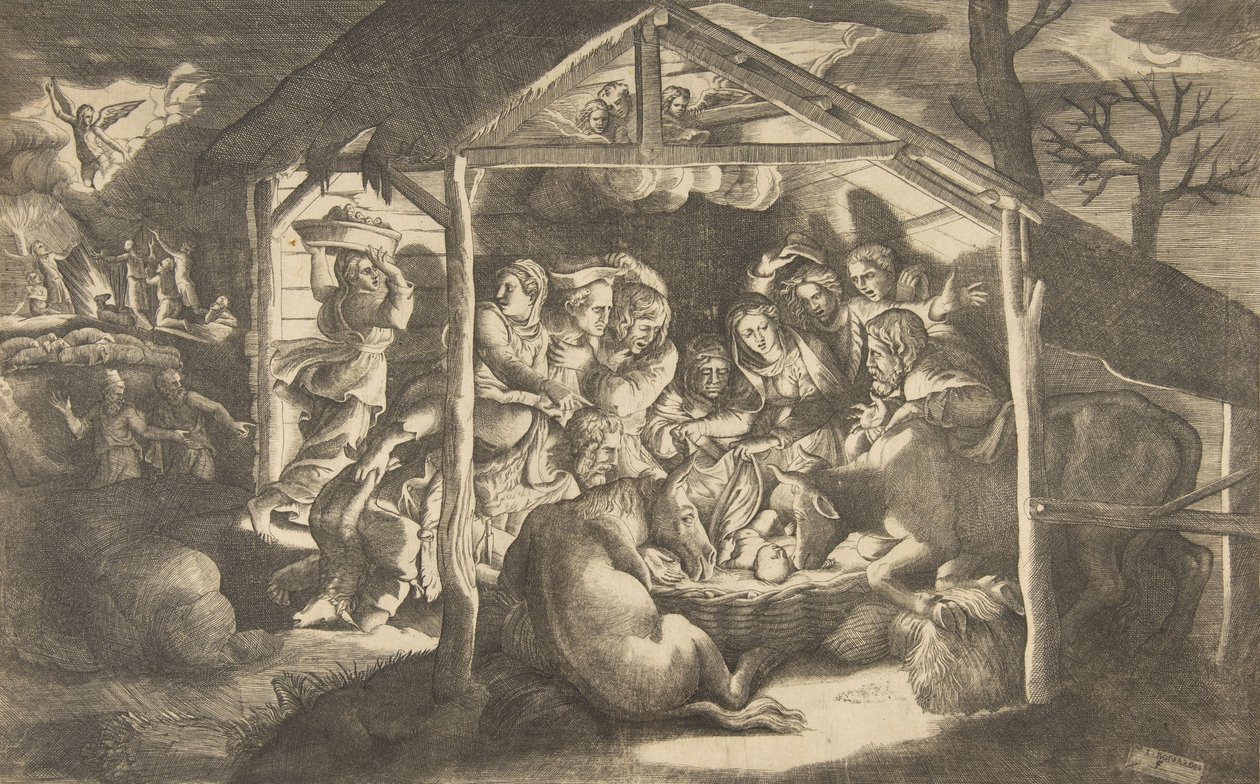 Hyrdernes tilbedelse, forskellige skikkelser omkring Kristusbarnet i cen..., 1531-76. af Giulio Bonasone