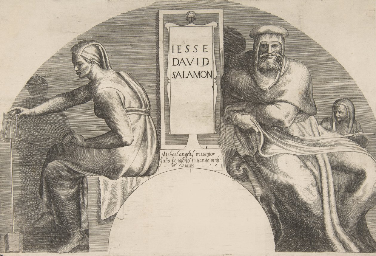 Kristi forfædre flankerer en indskrevet tavle, en buet topkomposition, 1531-76. af Giulio Bonasone