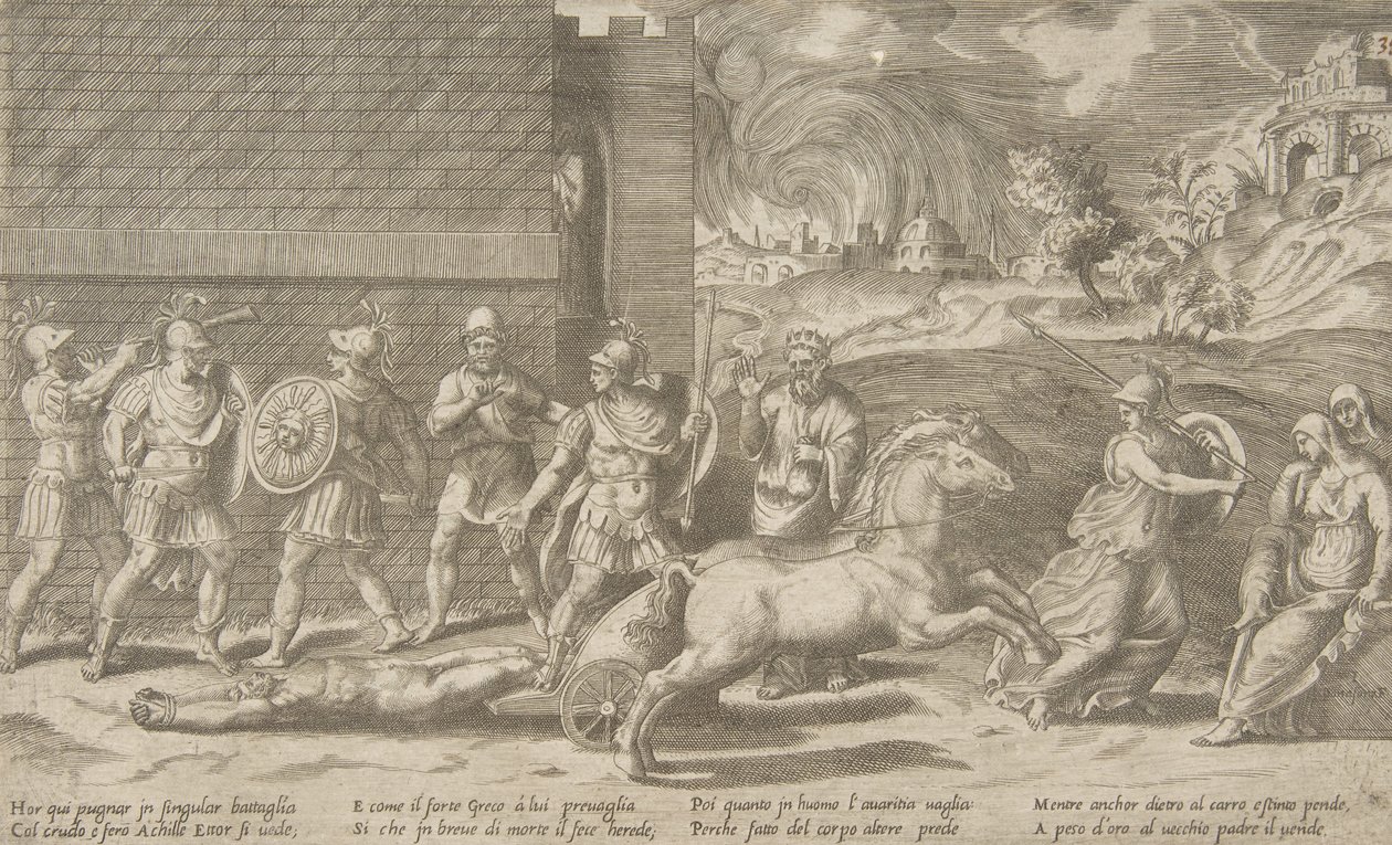 Kampen mellem Hector og Achilles, og Achilles, der slæber liget af Hector rundt i ..., 1531-76. af Giulio Bonasone