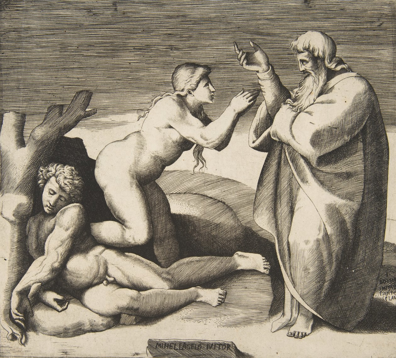 Skabelsen af Eva, der dukker op bag Adam, ca. 1530-70. af Giulio Bonasone