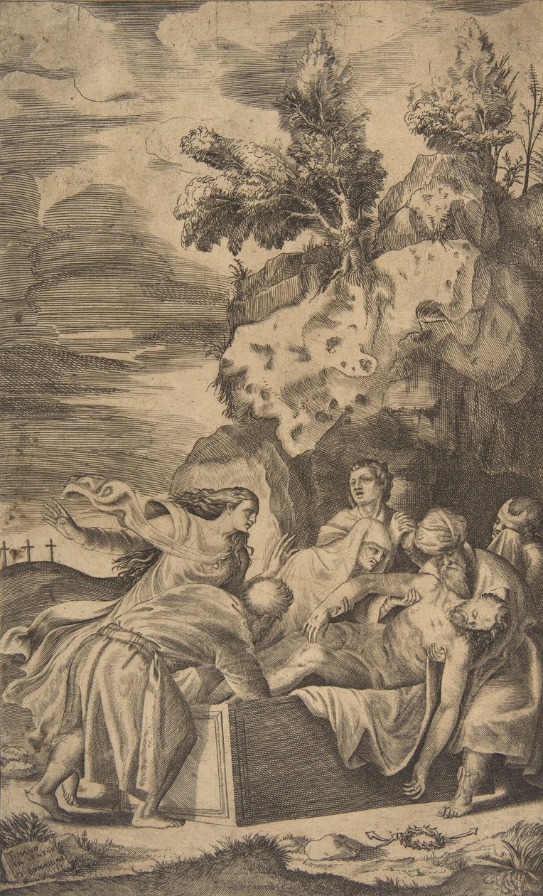 Kristi gravlæggelse, korsene på Golgata synlige i venstre baggrund, 1563. af Giulio Bonasone