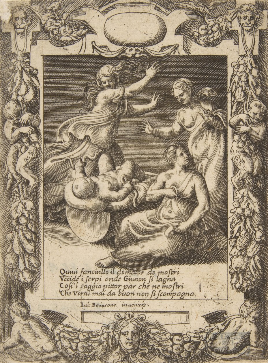 Spædbarnet Hercules, der dræber slangerne, sat inden for en udførlig ramme, fra 