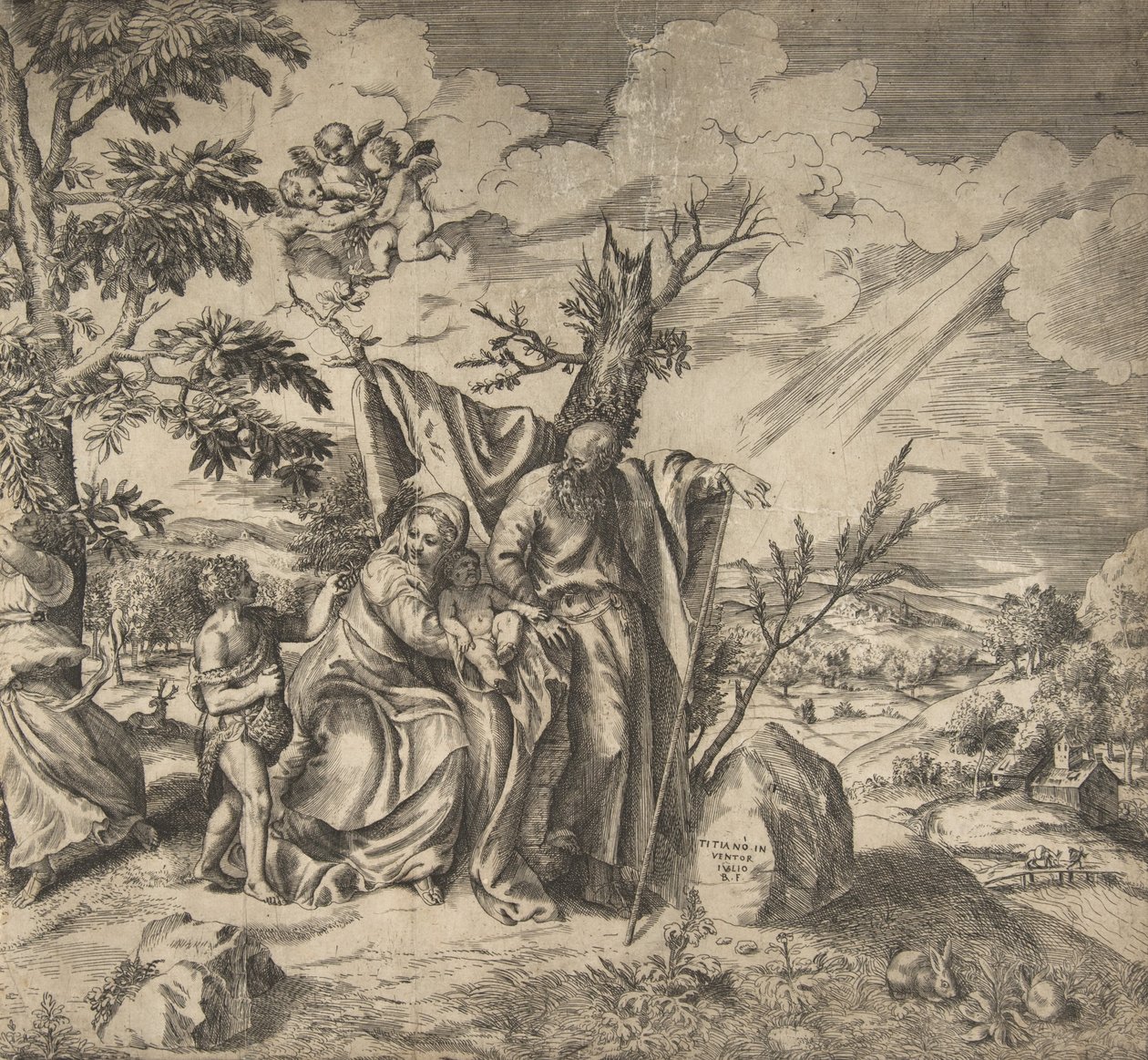 Resten af den hellige familie på deres flugt til Egypten, 1531-76. af Giulio Bonasone