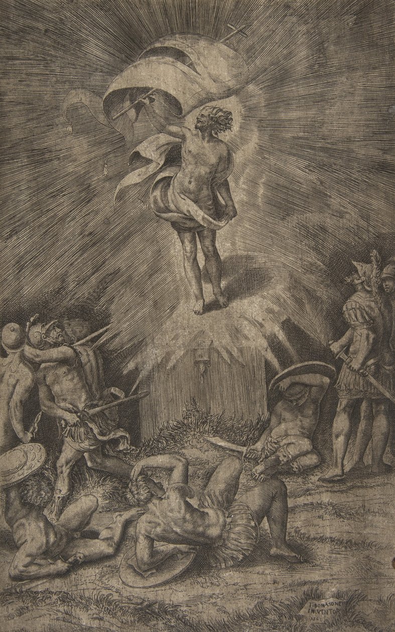 Kristi opstandelse, med et banner i sin højre hånd, soldater omkring t..., 1561. af Giulio Bonasone