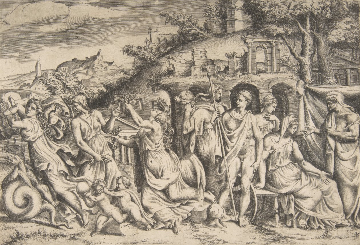 Historien om Jason og Medea til venstre bærer hun af sin søn, i midten er hun ..., 1531-76. af Giulio Bonasone