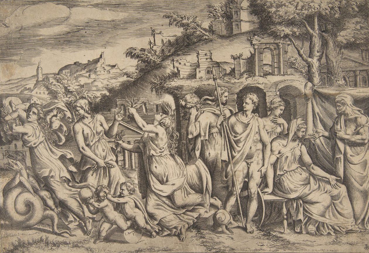 Historien om Jason og Medea til venstre bærer hun af sin søn, i midten er hun ..., 1531-76. af Giulio Bonasone