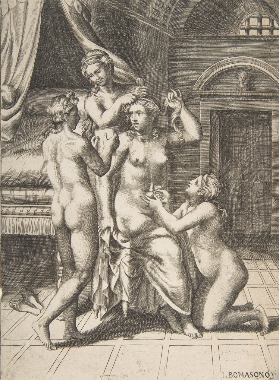 Toilettet af Psyche, der sidder i centrum, der behandles, 1531-76. af Giulio Bonasone
