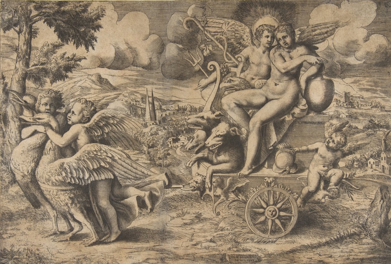 Amor og Psykes triumf, der sidder på en vogn trukket af to fugle hviler..., ca. 1550-67. af Giulio Bonasone