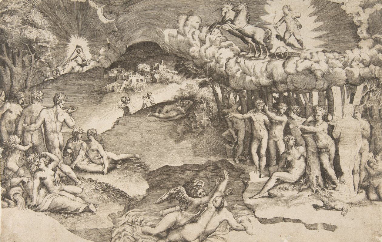 Kærlighedens triumf, Amor, der kører på en vogn trukket af enhjørning, er øverst til højre, nøgen ..., 1545. af Giulio Bonasone