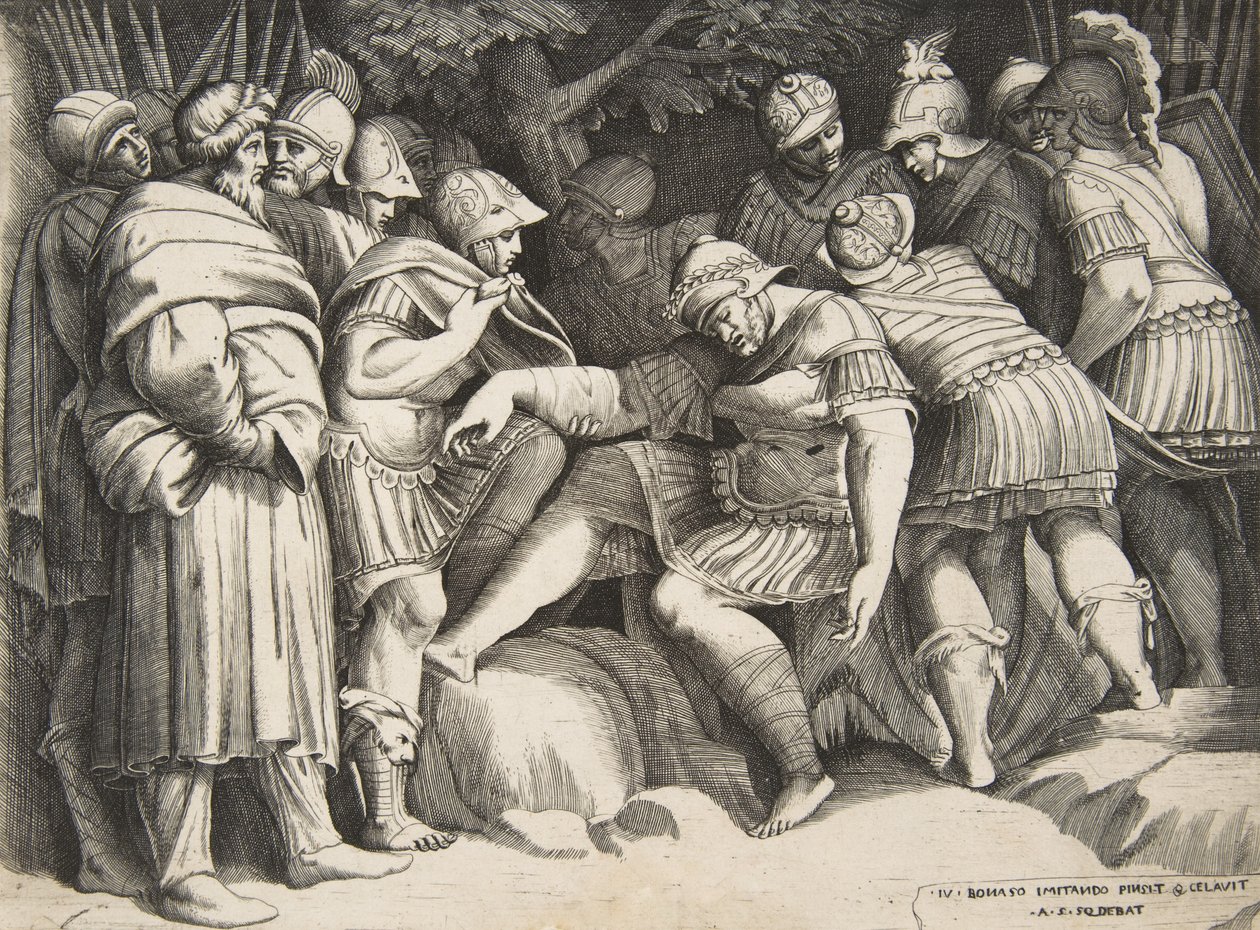 Den sårede soldat Scipio i midten omgivet af figurer, 1531-76. af Giulio Bonasone
